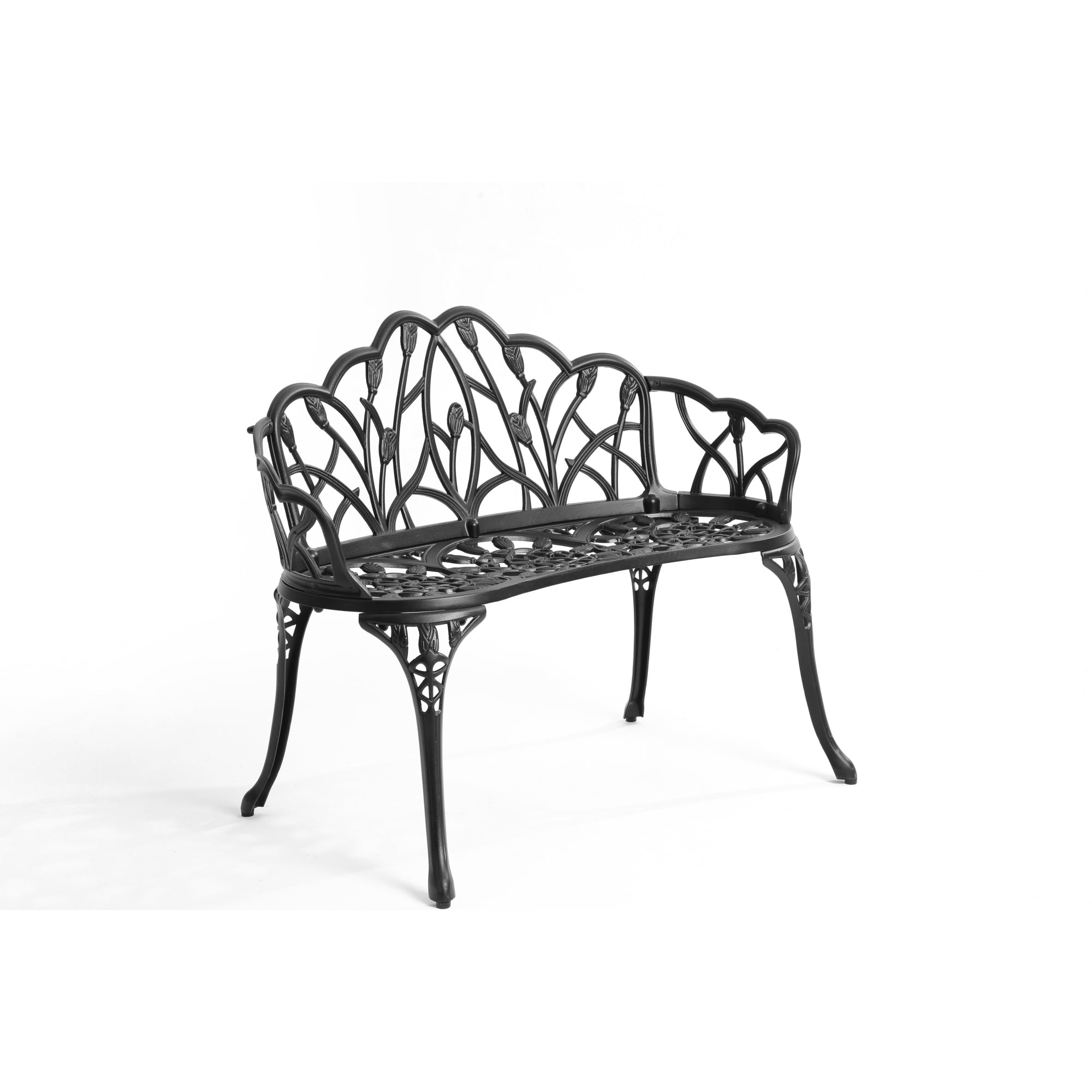 Cast Aluminum Outdoor Bench with Butterfly Pattern, Weather-Resistant Patio Garden Bench for Deck and Front Porch, Black