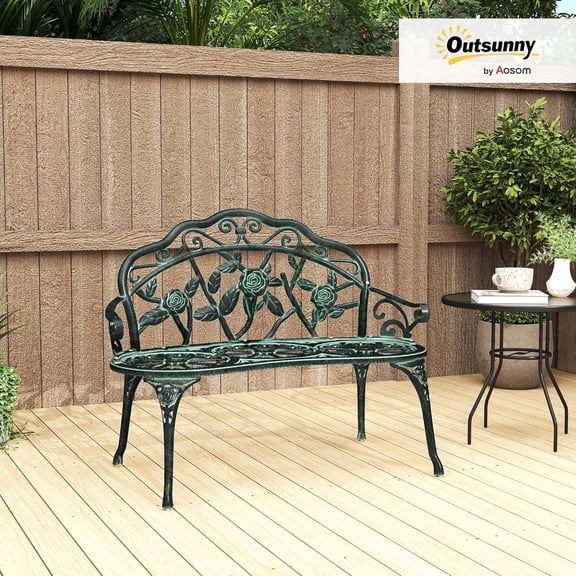 Cast Aluminum Outdoor Bench with Floral Rose Accent & Antique Finish for Garden
