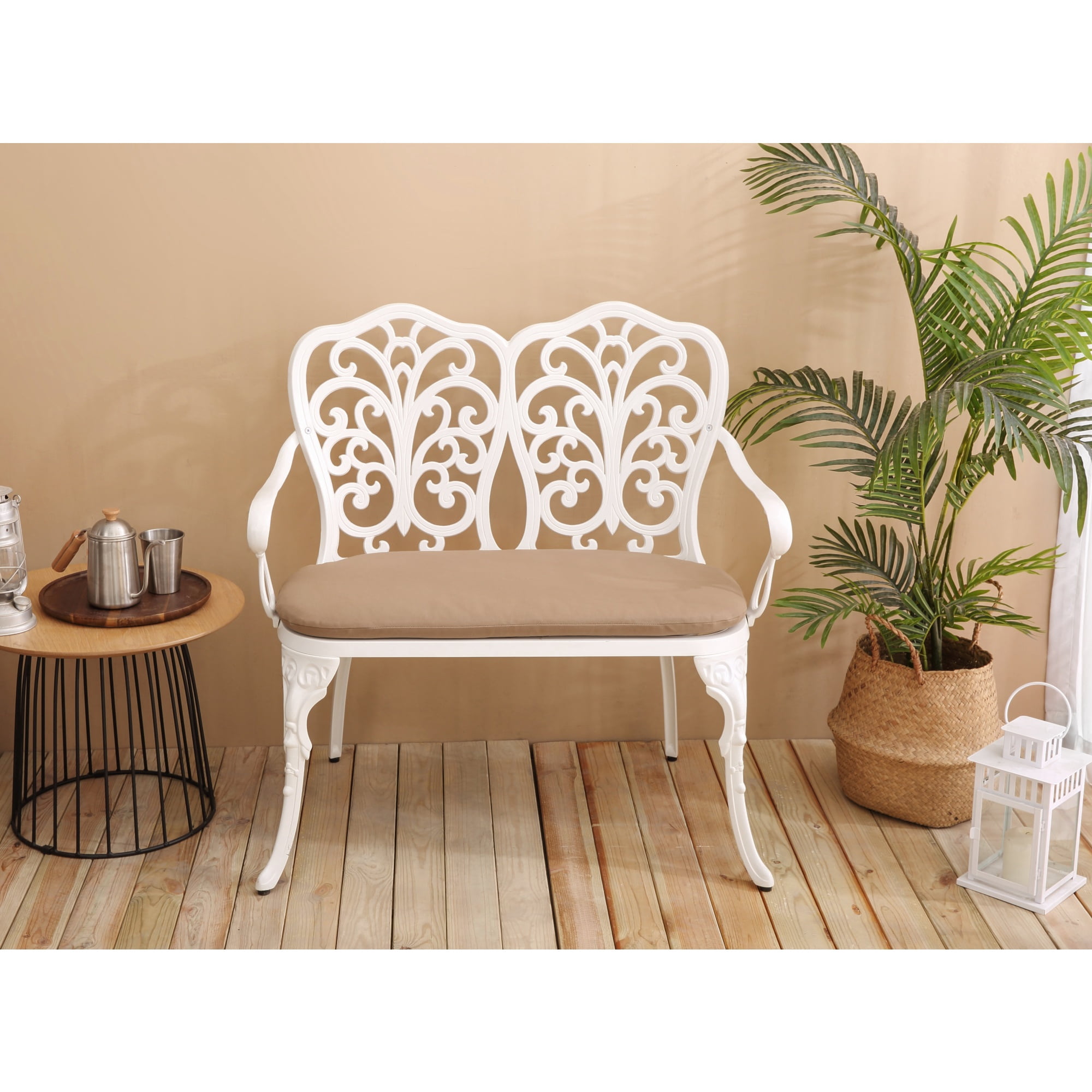 Cast Aluminum Outdoor Bench with Floral Rose Backrest and Cushion, Weather-Resistant Park Bench for Patio and Garden, White