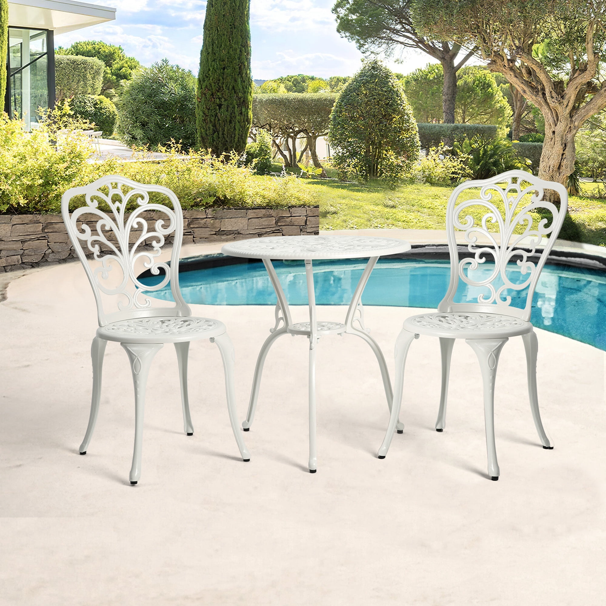 Cast Aluminum Outdoor Bistro Set of 3, 2 Chairs and 1 Table Rust-Resistant Patio Furniture for Garden and Balcony, White