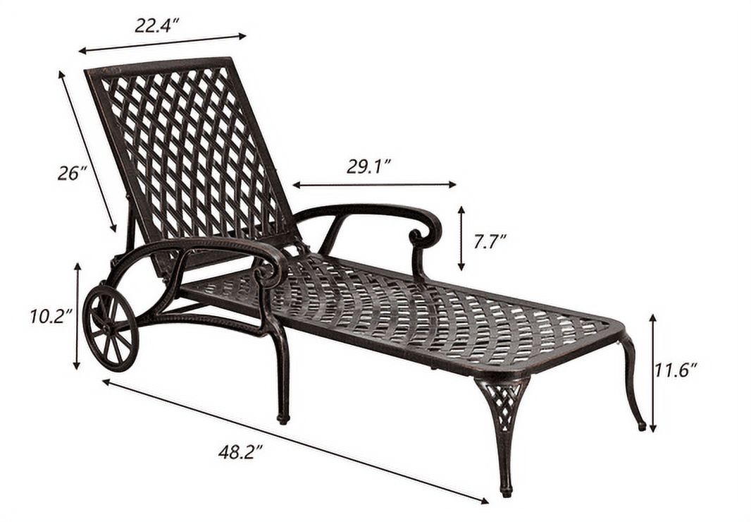 Cast Aluminum Outdoor Chaise Lounge Chair with Wheels, Tanning Chair