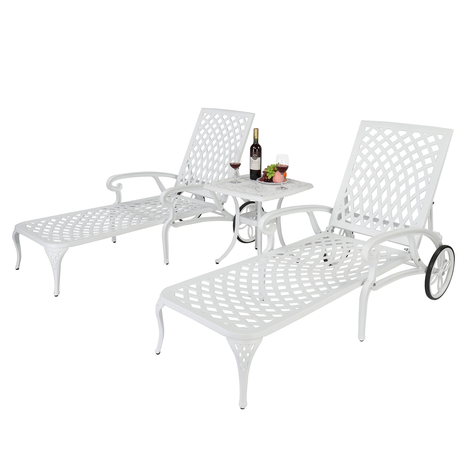 Cast Aluminum Outdoor Chaise Lounge Chair with Wheels, Tanning Chair, Outdoor Reclining Chair Pool Chairs with 3-Position Adjustable Backrest, White, 75.98" x 25.39" x 36.61"