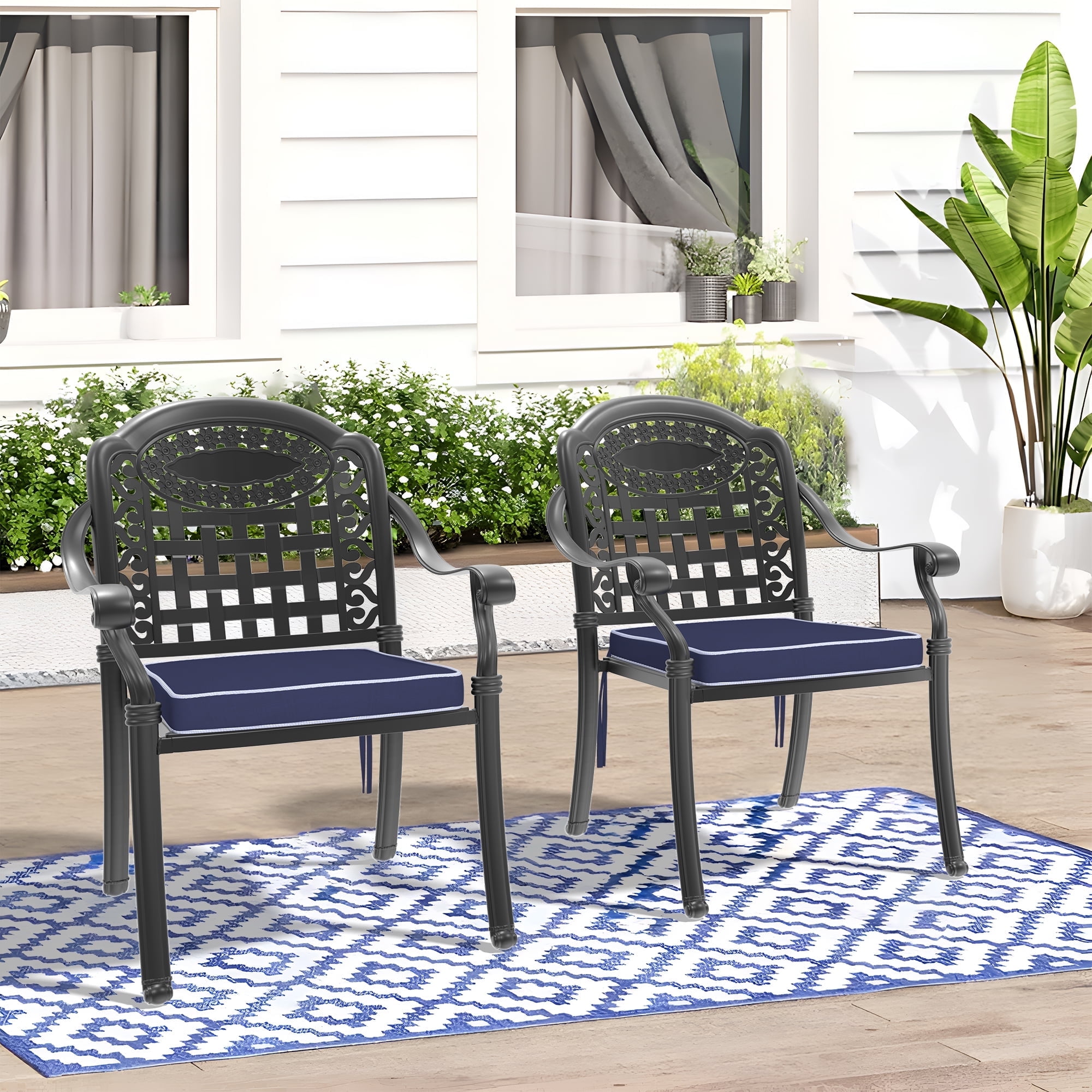 Matte Black Cast Aluminum Dining Armchairs with Blue Cushions