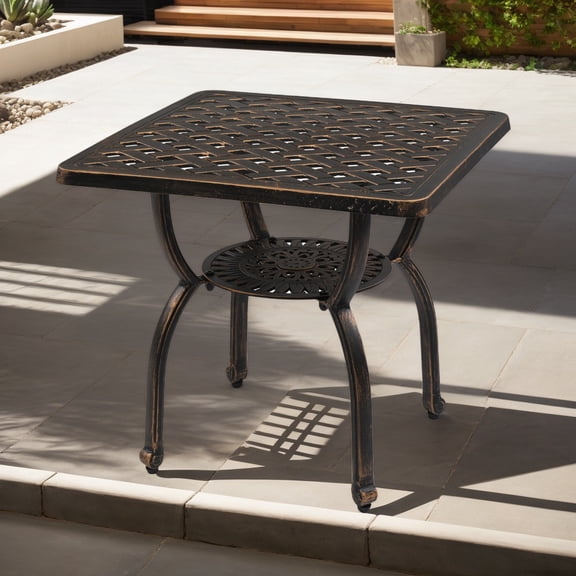 Cast Aluminum Outdoor Side Table, Anti-Rust Square End Table with Hollowed Pattern & Middle Shelf, Patio Coffee Bistro Table for Garden Porch Balcony Indoor, Antique Bronze