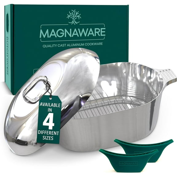 Cast Aluminum Oval Dutch Oven with Lid - 10 QT Heavy Duty & Lightweight Roaster Pan with Rack & Silicone Cover Dual Handles — Cajun Cookware for Roasting, Baking, Cooking (15" - Large)