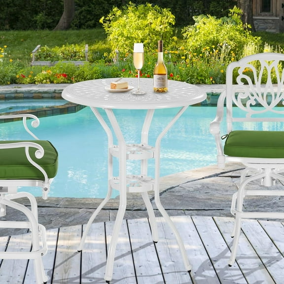 Cast Aluminum Patio Bar Table, 31" Outdoor Bar Height Bistro Table with 2" Umbrella Hole, Patio Bistro Round High Top Dining Table Pub Table for Porch Balcony Backyard, White