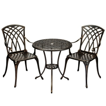Cast Aluminum Patio Bistro Set with Umbrella Hole, 3 Piece Outdoor Bistro Set Rust-Resistant, Patio Table and Chairs, Outdoor/Indoor Use, for Garden,Backyard, Patio Balcony, Bronze