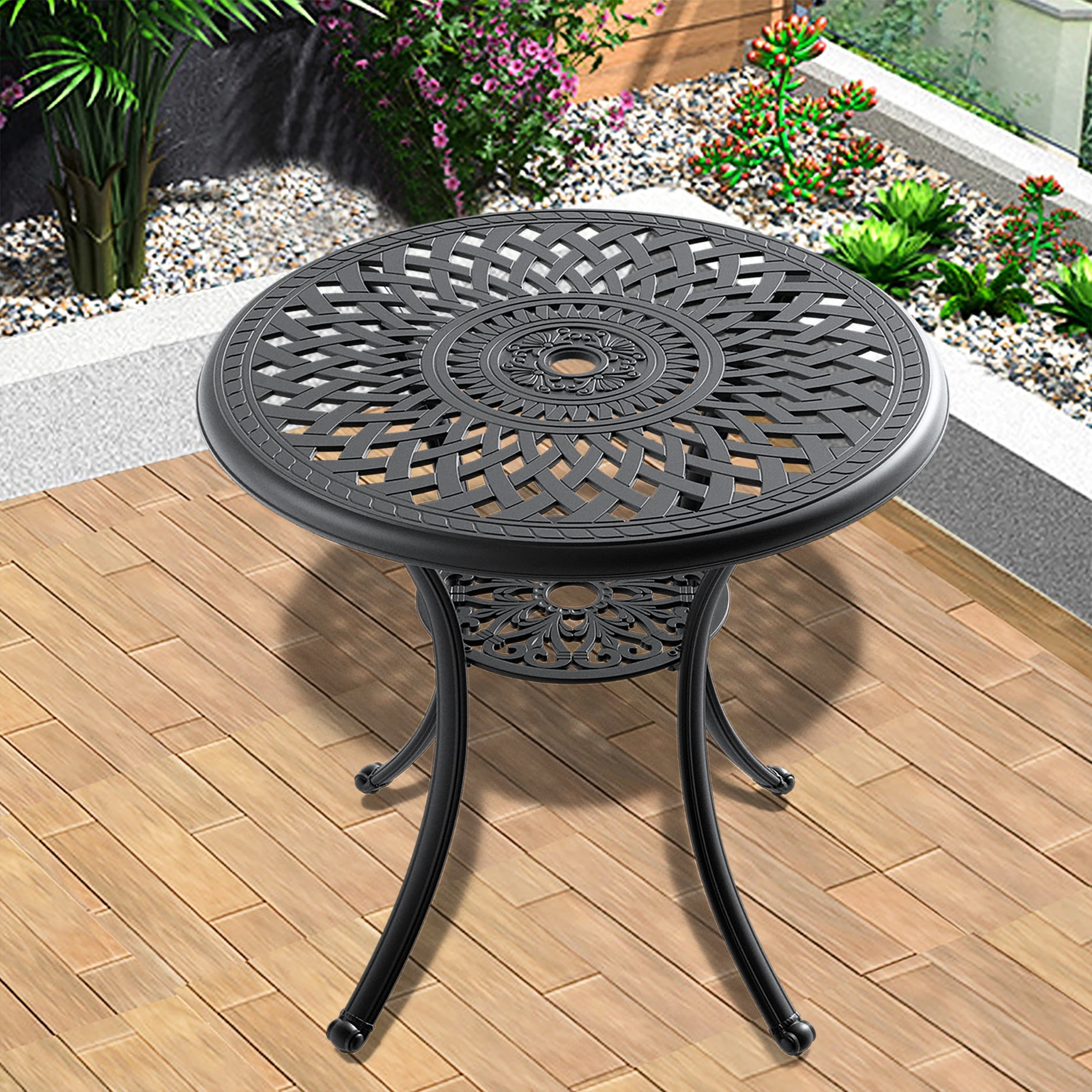 Cast Aluminum Patio Dining 30.26-inch Table - Black Frame, Umbrella ...