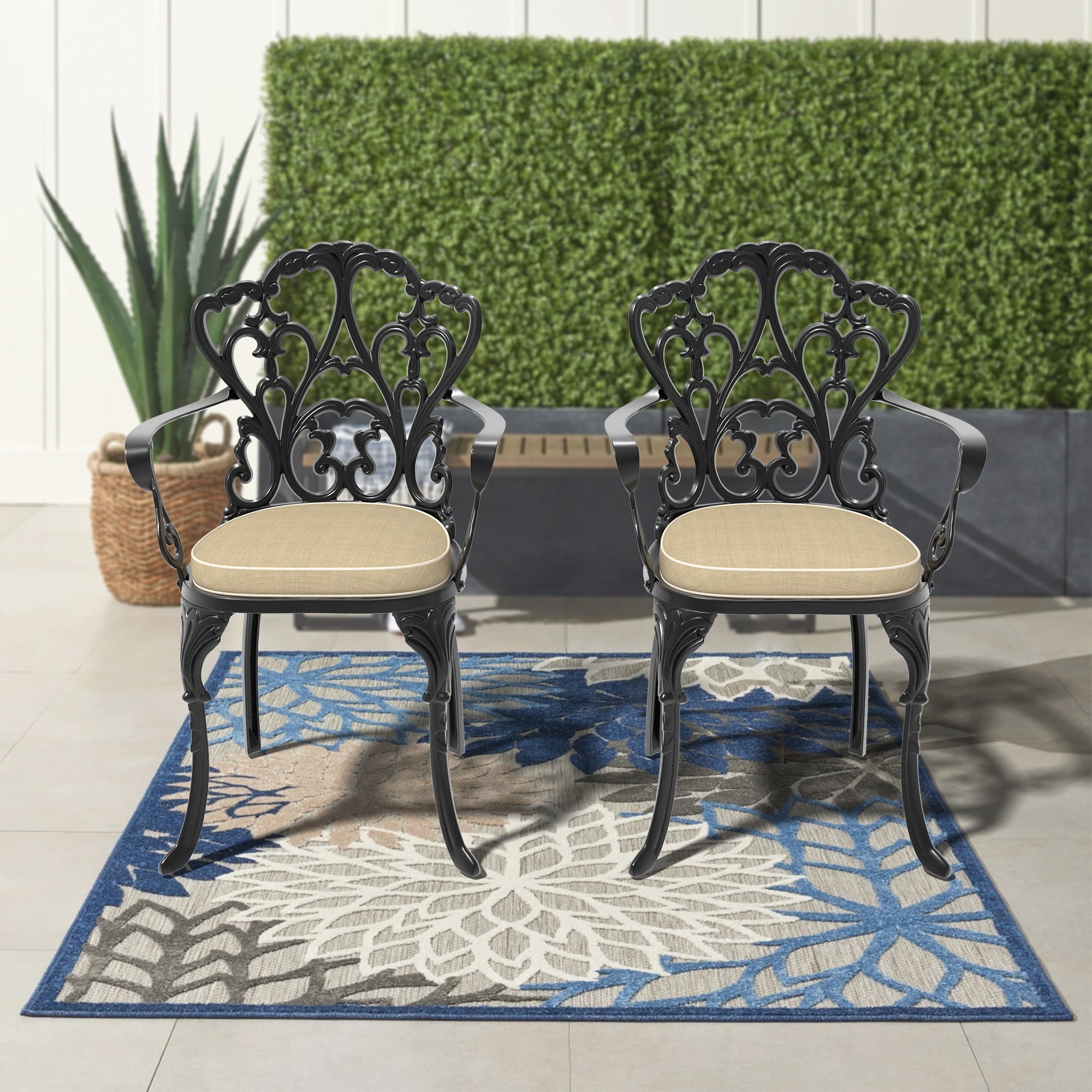 Cast Aluminum Patio Dining Chairs Set of 2 with Black Frame and Beige Cushions for Garden Deck, Black