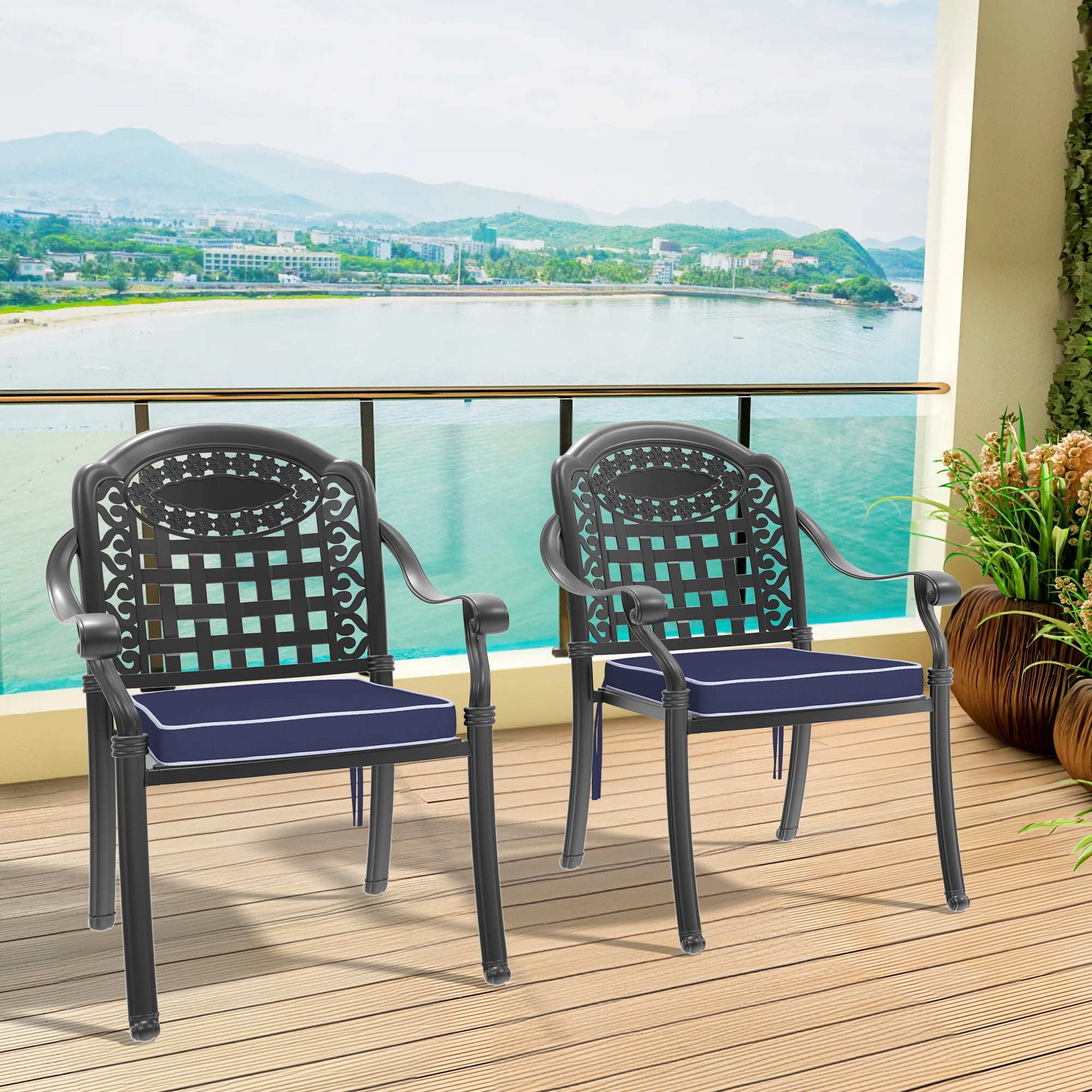 Cast Aluminum Patio Dining Chairs Set of 2 with Black Frame and Blue Cushions for Garden Deck, Black