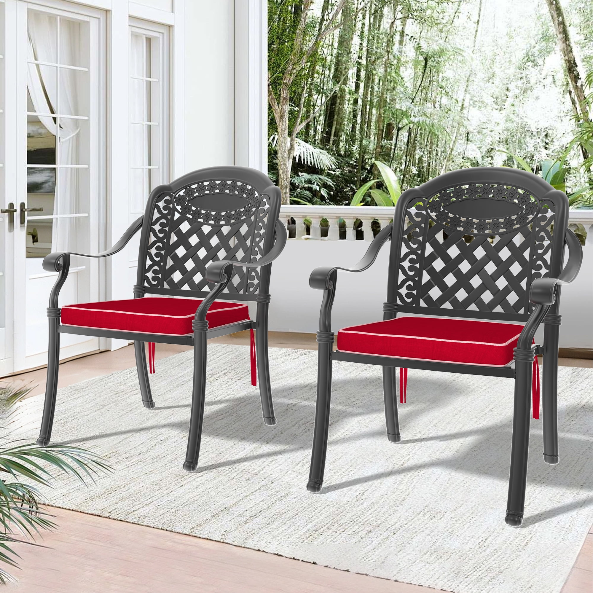 Cast Aluminum Patio Dining Chairs Set of 2 with Black Frame and Red Cushions for Garden Deck, Black