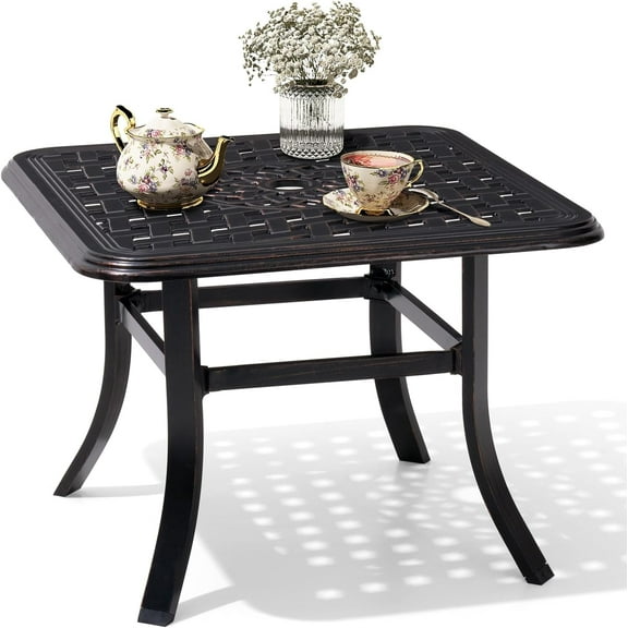 Cast Aluminum Patio Side Table Outdoor Square Anti-Rust Small Table with Umbrella Hole, Coffee Bistro TableMarket Umbrella Table, 24x 24, Black with Bronze Spot