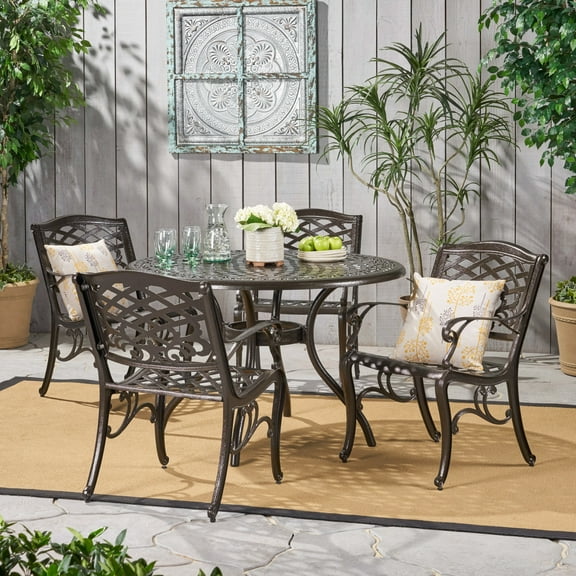 Cast Aluminum Round Outdoor Dining Table with Umbrella Hole and 4 Wrought Iron Chairs Weather Resistant Patio Set for Backyard and Garden