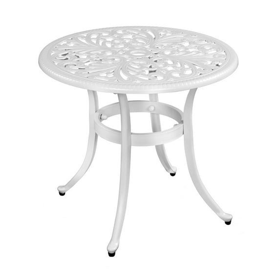 Cast Aluminum Round Table with Adjustable Foot Pad, Patio End Table Side Table with Elegant Pattern, Cast Aluminum Cocktail Table, Outdoor Bar Table, White