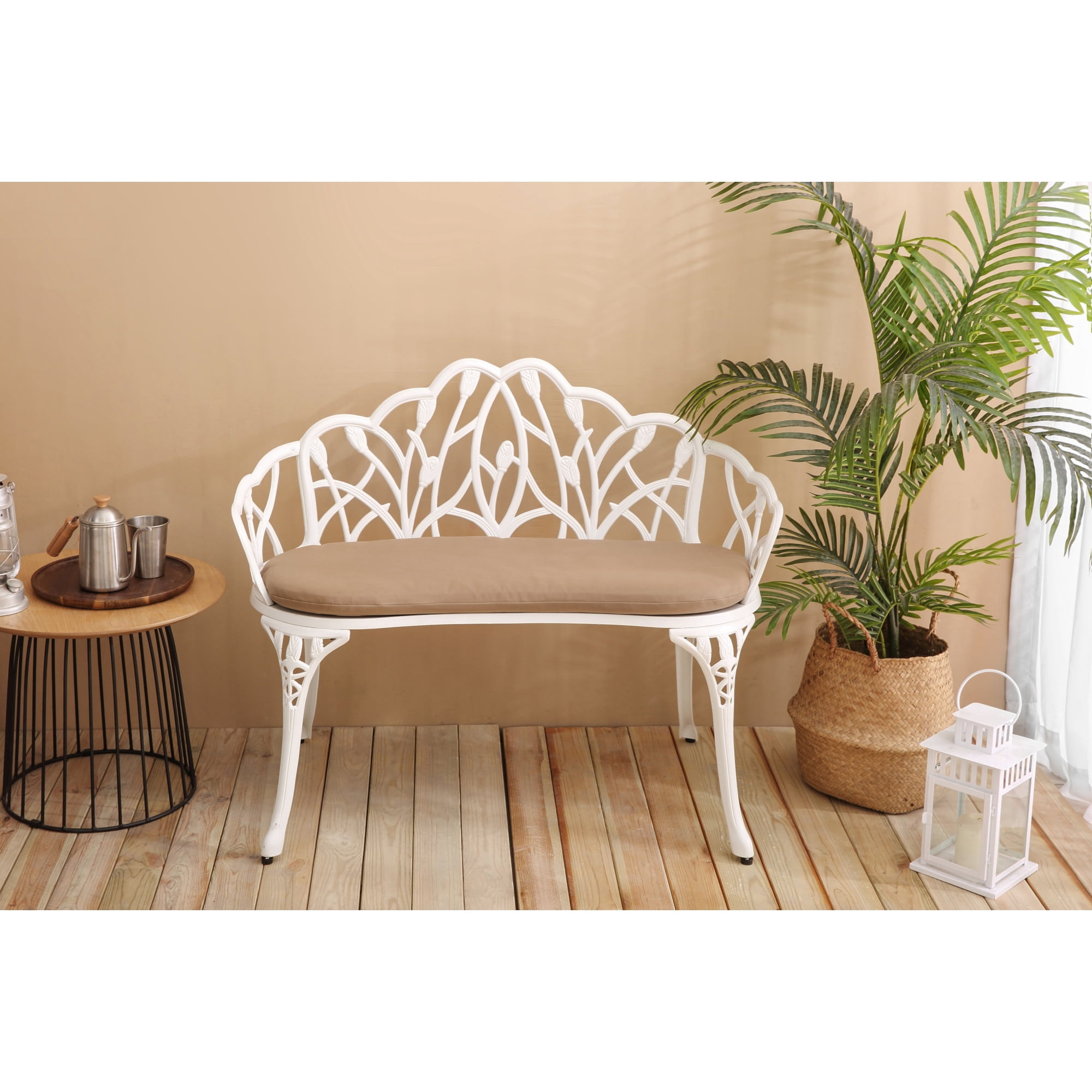 Cast Aluminum Tulip Garden Bench with Cushion, Weather-Resistant Outdoor Park Bench for Patio and Lawn, White