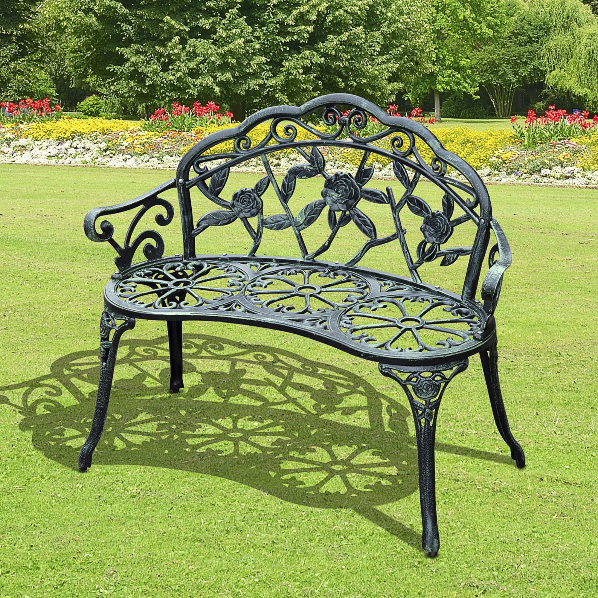 Green Cast Aluminum Two-Seat Outdoor Bench with Floral Rose Accent