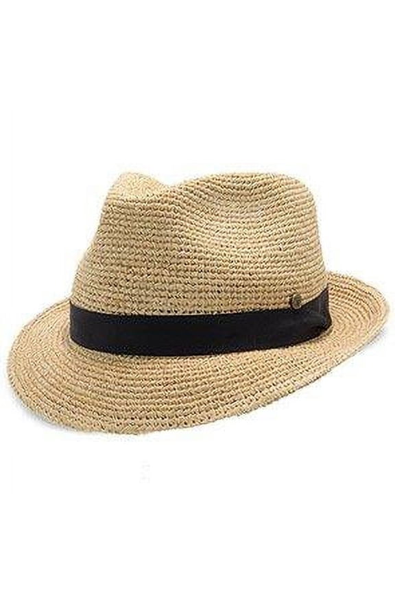 Cast Away Crocheted Raffia Straw Fedora Hat – Lightweight Summer Hat for Men & Women – 100% Straw w/Hat Black Band, Elastic Sweatband & Signature Pin