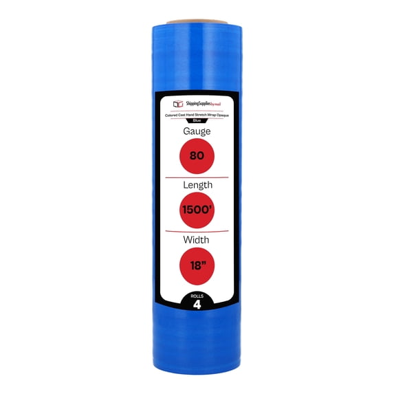 SSBM Blue Opaque Cast Hand Stretch Wrap 18" x 1500' 4 Rolls 80 Gauge Plastic Self Adhesive Shrink Film for Packing