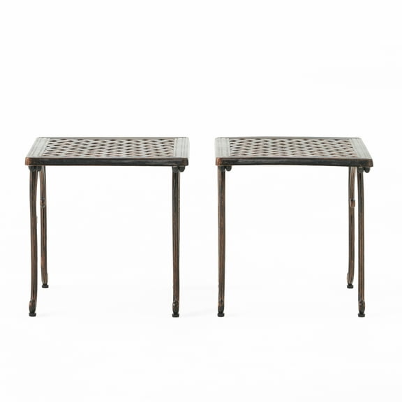 Cast End Table Set of 2 Pcs, Traditional Outdoor Side Tables with Weathered Copper Finish & Sturdy Cast Aluminum Construction