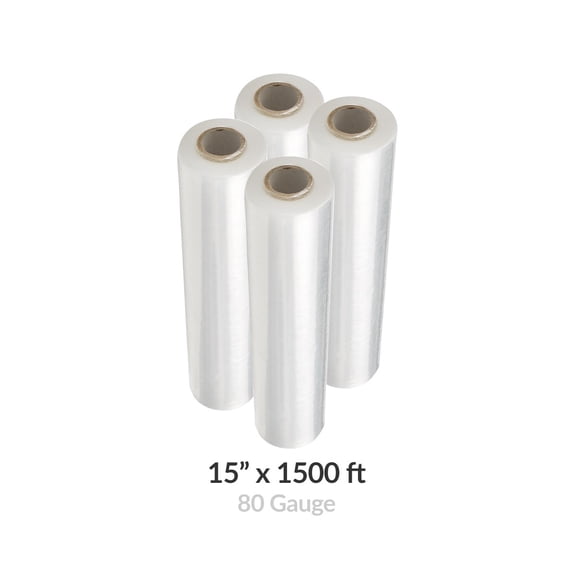 Cast Hand Stretch Wrap Plastic Shrink Film Clear 3 Core 15" x 1500' x 80 Gauge 4 Rolls Per Case
