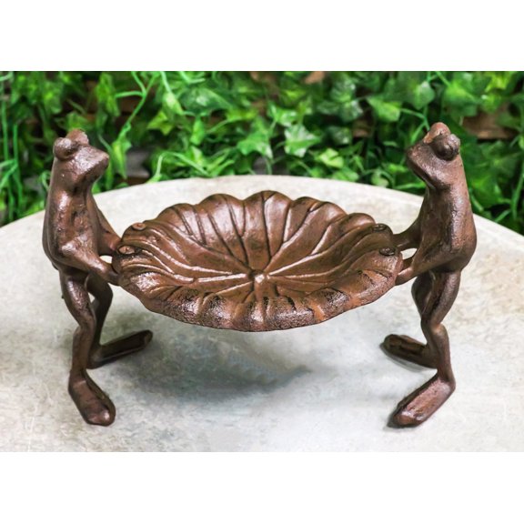Cast Iron 2 Toad Frogs With Waterlily Lily Pad Bird Feeder Bath Garden Figurine