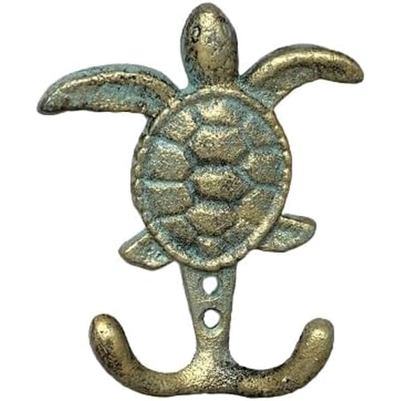 Cast Iron 4.5 Inch Seafoam Green and Gold Sea Turtle Coat Hat Key Purse Bag 2 Double Hook