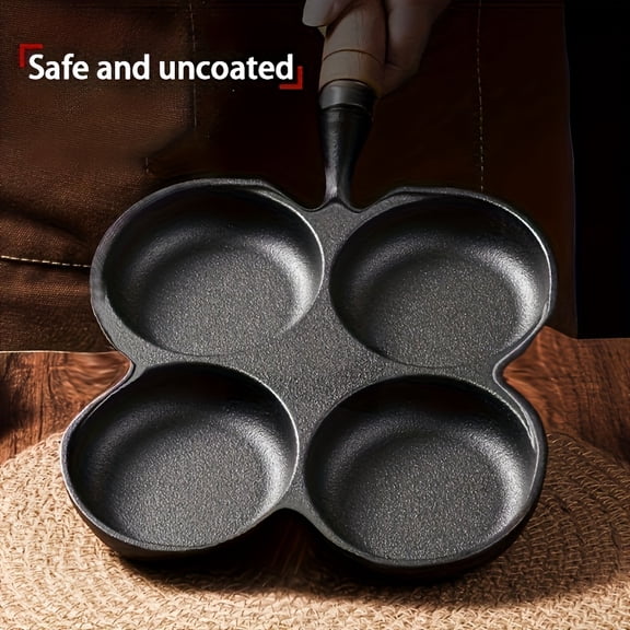 Cast Iron 4-Hole Non-Stick Omelette Pan - Even Heat Induction & Gas Compatible, Simultaneous Multi-Cooking for Eggs Burgers Dumplings Pancakes, Heavy-Duty Home Commercial Breakfast Cookware