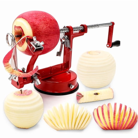 Cast Iron 5-in-1 Apple Peeler Corer Slicer Spiralizer with Suction Base & Crank - Multi-Function Fruit Vegetable Peeler for Pie Making, Kitchen Prep