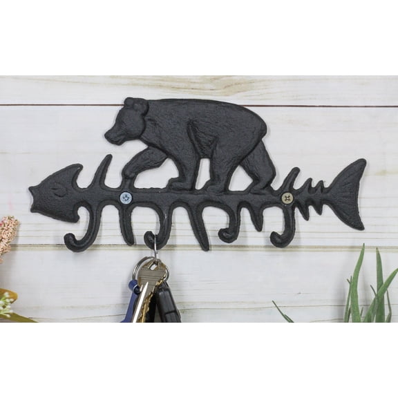 Cast Iron 9" Rustic Forest Black Bear On Fish Bone 4 Pegs Wall Hook Decor Plaque