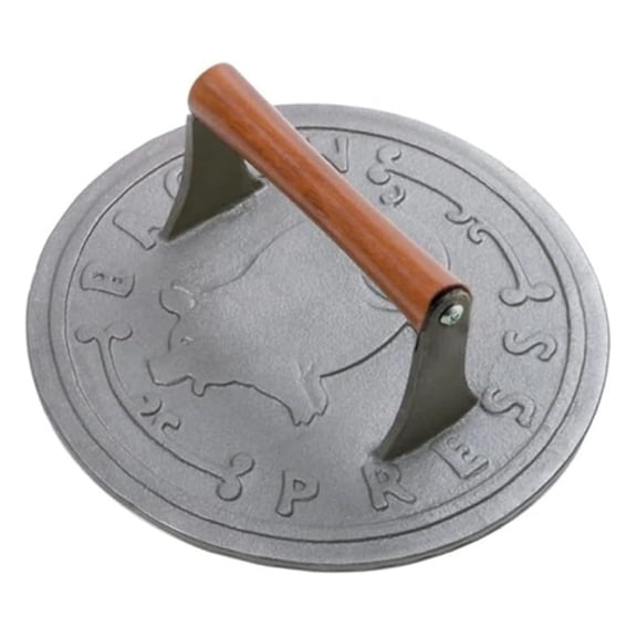 Cast Iron Bacon Press 8.75 Inch with Wood Handle - Round Grill Weight for Even Cooking, Steak, Paninis & More - Kitchen Gadget