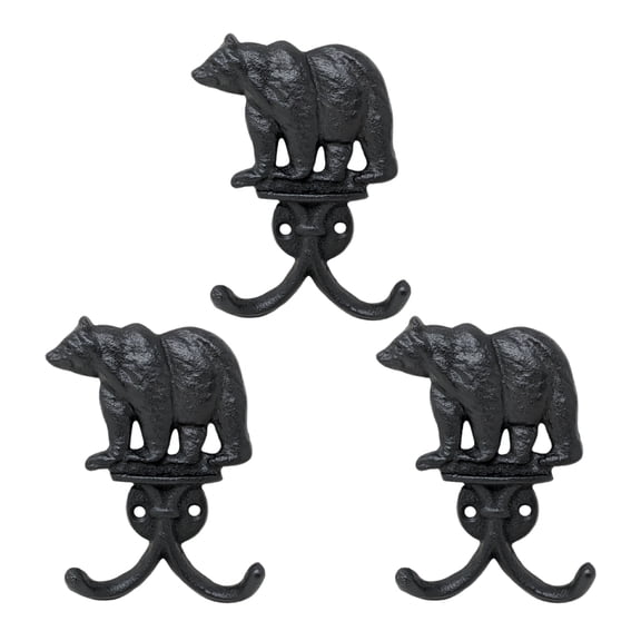Cast Iron Bear Double Wall Hooks Set of 3, Rustic Black Bear Coat and Towel Hooks for Entryway Bathroom Kitchen Wall Mount Organizer