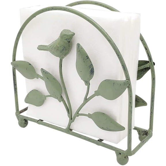 Cast Iron Bird & Tree Napkin Holder, Rustic Green Freestanding Tissue Dispenser for Kitchen, Dining Table & Farmhouse Decor