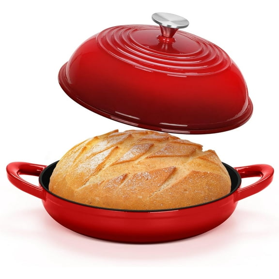 Cast Iron Bread Dutch Oven, 6 Qt Enameled Dutch Oven Pot for Sourdough Bread Baking, with Tall Dome Lid & Round Base Pan, Self-Basting & Even-Heating, Heavy-Duty & Non-, Red