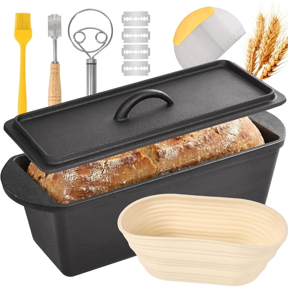 Cast Iron Bread Loaf Pan with Lid, 3.2 Quart, Non-Stick Baking Set with Banneton Proofing Basket, Dough Whisk, Bread Lame, Silicone Brush