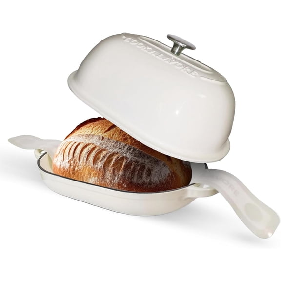 Cast Iron Bread Oven,6 QT Bread Oven,Thick Enameled Loaf Pan with Lid,Bread Pans for Homemade Bread,14.5"Dutch Oven for Bread Baking,Dutch Oven-with Baking Mat&Recipe,Gifts for Family,White