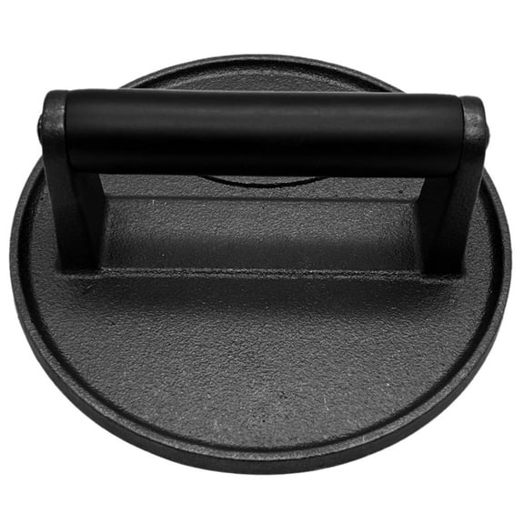 Cast Iron Burger Press for Outdoor BBQ, Flat Bottom Meat Smasher with Black Wooden Handle, 16.5cm Diameter, Ideal for Burgers, Bacon, Sausages, and More