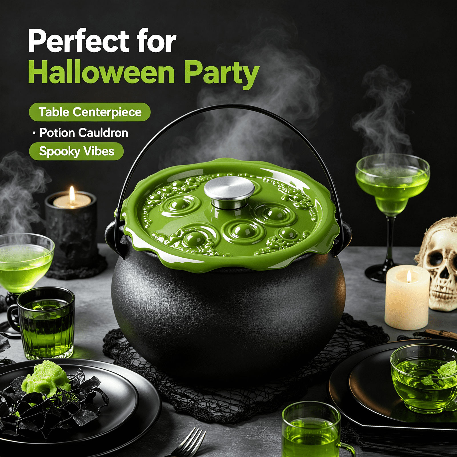 Cast Iron Cauldron for Cooking, Cauldron Pot, Halloween Cauldron with Green Bubbling Lid, Witchs Brew Themed Cauldron Pot, Witch Cauldron for Cooking and Halloween Tabletop Decoration
