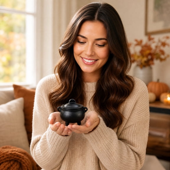 Cast Iron Cauldron with Handle -Black Mini Iron Witch Cauldron Pot, Cauldron for Smudging, Incense Burning, Ritual Purpose, Halloween Decoration, Candle Holder