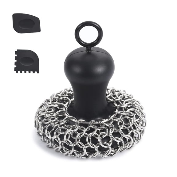 Cast Iron Chainmail Scrubber + Pan Stainless Steel Skillet Cleaner, Scraper Tool for Cast Iron Pans Black
