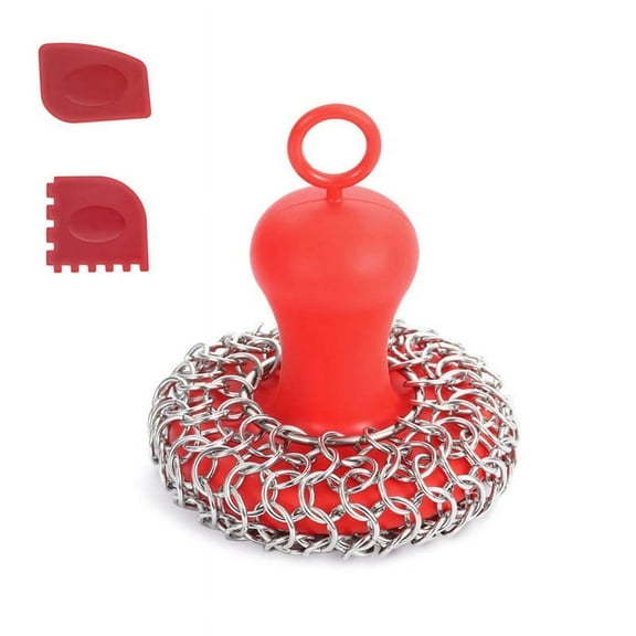 Cast Iron Chainmail Scrubber + Pan , Stainless Steel Skillet Cleaner, Tool for Cast Iron Pans Red