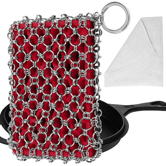 Cast Iron Chainmail Scrubber,Upgraded Iron Skillet Cleaner with Scouring Cloth,316 Stainless Steel Chain Scrub Metal Scraper Clean Care Accessories for Castiron Pan Griddle Frying Pan Wok (red)