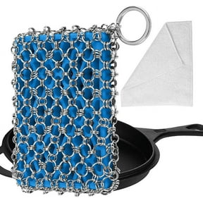 Cast Iron Chainmail Scrubber,Upgraded Iron Skillet Cleaner with Scouring Cloth,For Castiron Pan Griddle Frying Pan Wok (Blue)
