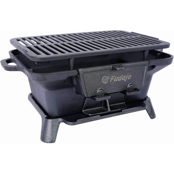 Cast Iron Charcoal Grill, Oval Small Portable Hibachi Grill with Grate for Outdoor Camping, Black