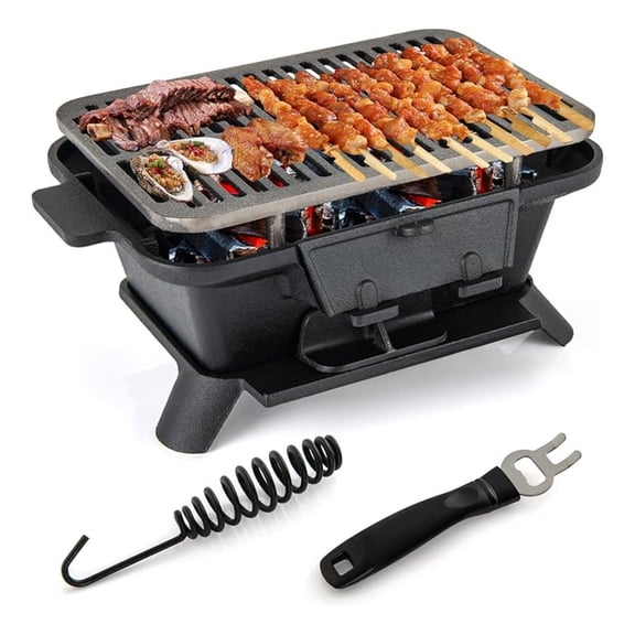 Cast Iron Charcoal Grill, Portable Hibachi Grill w/Air Regulating Door & Fire Gate, Grate Lifter, Double-sided Japanese Stove for Outdoor Camping Backyard Barbecue Party