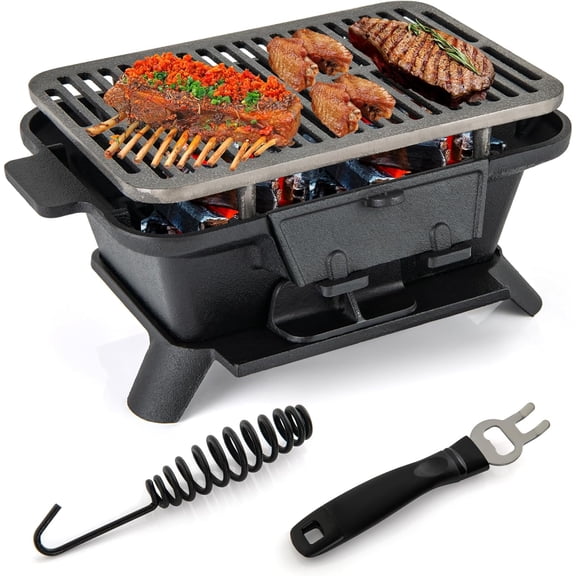 Cast Iron Charcoal Grill, Portable Hibachi Grill w/Air Regulating Door & Fire Gate, Grate Lifter, Double-sided Japanese Stove for Outdoor Camping Backyard Barbecue Party