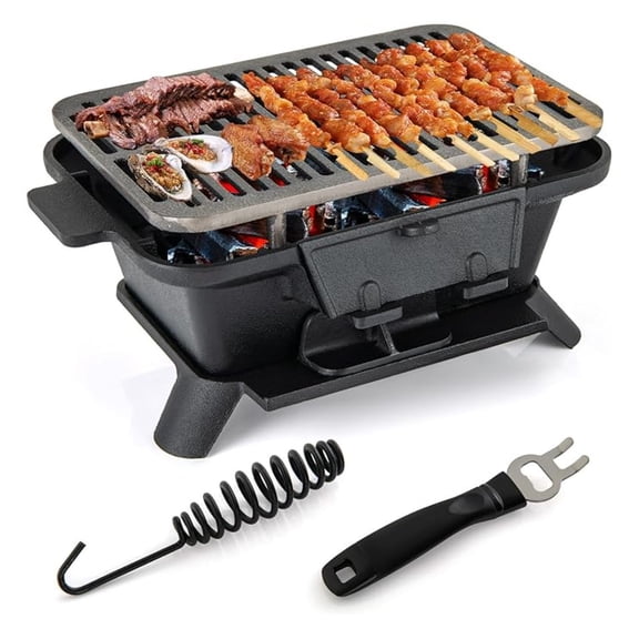 Cast Iron Charcoal Grill, Portable Hibachi Grill w/Air Regulating Door & Fire Gate, Grate Lifter, Double-sided Japanese Stove for Outdoor Camping Backyard Barbecue Party