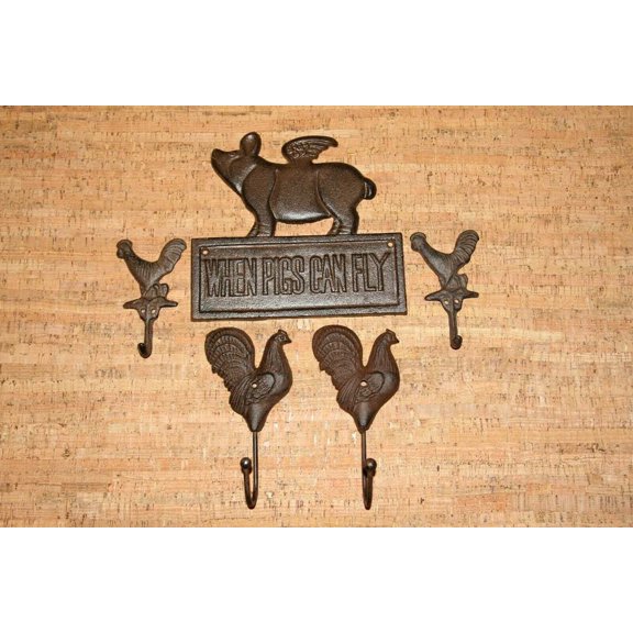 Cast Iron Chicken Rooster Design Wall Hooks, Hang Coats Keys Caps Purses Leashes