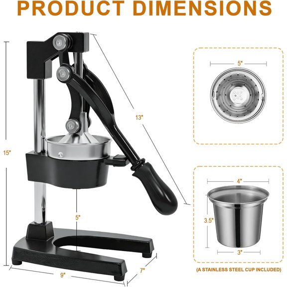 Cast Iron Citrus Juicer | Large Commercial Grade Manual Hand Press with Stainless Steel Cup, Heavy-Duty Orange Crush