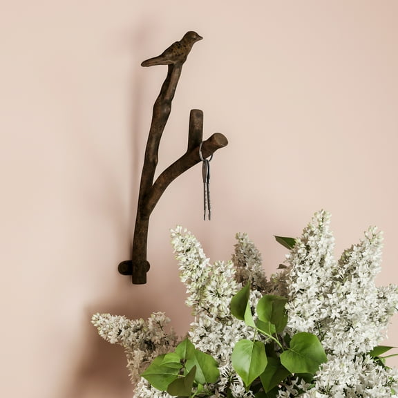 Cast Iron Decorative Bird on Tree Branch Hook, Shabby Chic Rustic Wall Mount Hooks by Lavish Home
