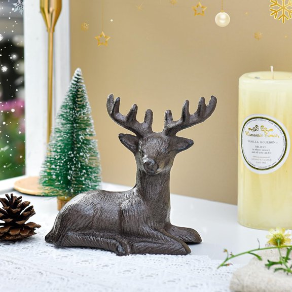 Cast Iron Deer Statue, Christmas Reindeer Figurine, Rustic Brown Heavy Lying Elk Vintage Home Decor Sculpture, Indoor Outdoor Shelf Tabletop Holiday Decorations